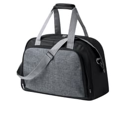 A grey and black duffle bag with sturdy handles and a detachable shoulder strap, featuring a logo.