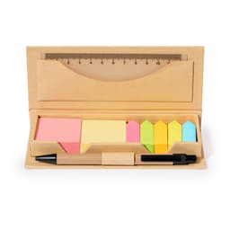 A stationery set featuring coloured sticky notes, a ruler, and a pen, all presented in a natural kraft holder.