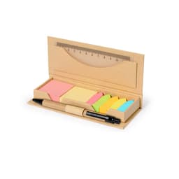 A stationery set featuring assorted sticky notes in pink, yellow, green, and a black pen with a ruler, in a kraft holder.