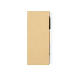 A brown gift box containing a drink bottle and pen set, with a sleek black bottle and a matching pen.