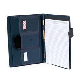 A navy blue Linnoa Folder with compartments for cards, a phone, a pen, and a notepad inside.