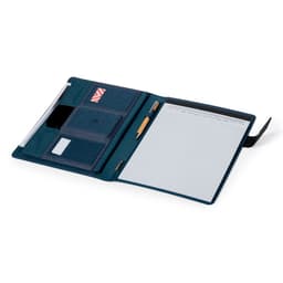A dark blue Linnoa Folder featuring compartments for cards, a pen holder, and a notepad for notes.