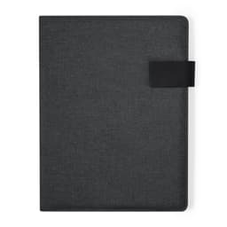 A dark grey folder with a textured surface and a black closure strap, featuring a logo.
