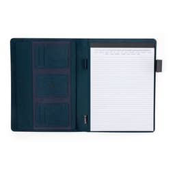A blue Linnoa Folder featuring card slots and a lined notepad for notes. It has a sleek design and a branding logo.