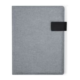 A grey folder with a textured finish and a black clasp closure, featuring a logo.