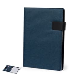 A dark blue folder with a black strap, accompanied by a small notepad. It features a logo.