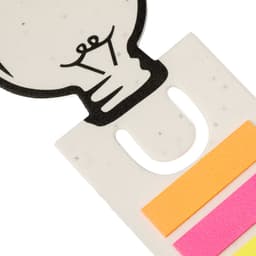 A bookmark with a light bulb design, featuring pink, orange, and yellow sticky tabs. The bookmark has a logo.