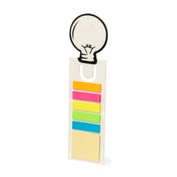 A sticky note dispenser featuring a light bulb design, filled with brightly coloured sticky notes in various sizes.