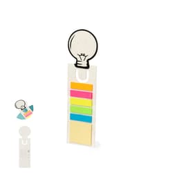 A sticky note holder with a light bulb design, featuring assorted sticky notes in bright colours. It includes a branding logo.