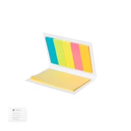 A notebook with sticky notes in bright blue, green, yellow, and pink, featuring a white cover and a stack of yellow paper.