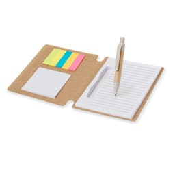 A Wombax Notebook with a kraft cover, featuring white notepad sheets, sticky notes in yellow, pink, and green, and a pen.