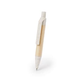 A ballpoint pen in white and beige, featuring a textured body and a clip, with a branding logo.
