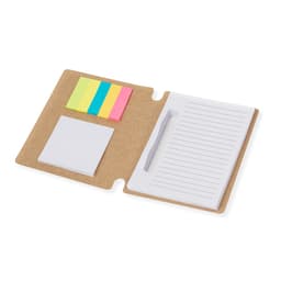 A Wombax Notebook featuring a kraft cover, sticky notes in various bright colours, and lined writing paper.