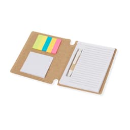 A Wombax Notebook with sticky notes in yellow, pink, and green, a white notepad, and a pen, all in a kraft cover.