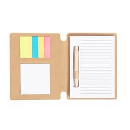 A Wombax Notebook with sticky notes in yellow, pink, and green, a blank square note, and lined pages, featuring a pen.