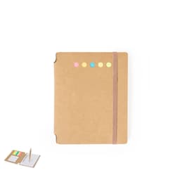 A brown Wombax Notebook with an elastic band and colourful sticky notes on the cover, accompanied by a pen and paper.