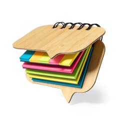 A bamboo notebook featuring a speech bubble design, filled with sticky notes in vibrant pink, green, and yellow.