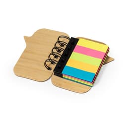 A bamboo notebook featuring colourful sticky notes in blue, pink, yellow, and green, with a black binding.