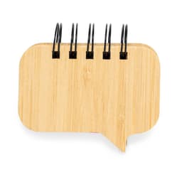 A bamboo sticky note notebook with black spiral binding, shaped like a speech bubble.