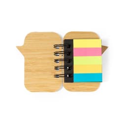 A notebook with a bamboo cover featuring sticky notes in pink, yellow, and blue. It has a ring binding and a logo.