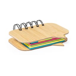 A wooden notebook with a speech bubble shape, featuring multicoloured sticky notes in pink, yellow, and blue.