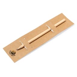A grey-lead pencil displayed on a cardboard holder, featuring a logo. The pencil has a natural wood finish.