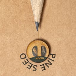 A grey-lead pencil with a sharpened tip, resting above a circular badge featuring an emblem and text.