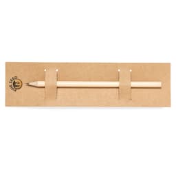 A grey-lead pencil with a wooden body, displayed on a brown cardboard holder featuring a logo.
