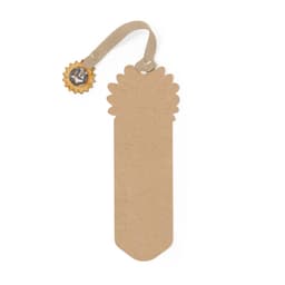 A brown paper bookmark with a sun-shaped embellishment at the top and a ribbon attachment.