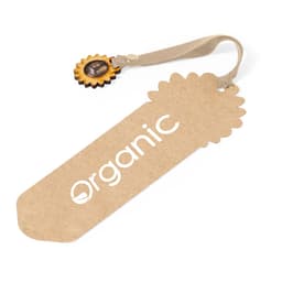 A brown cardboard tag with a sunflower design and a strap, labelled 'Organic'. It features a logo.