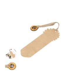 A natural-coloured bookmark with a sunflower-shaped embellishment and a beige strap. Includes a logo.