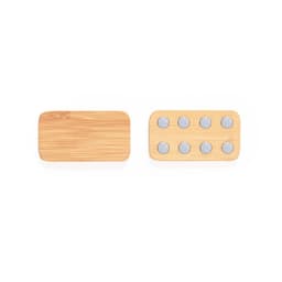A bamboo gift set featuring a rectangular base and a removable top with six metal stress shapes.