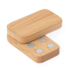 A bamboo stress shape featuring a smooth, natural finish with rounded edges and three metal dots on one side.