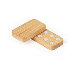A bamboo domino set featuring a smooth surface with silver dots on each piece, ideal for fun and games.