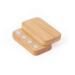 Two bamboo blocks stacked, with four metal discs embedded on one side, showcasing a natural finish.