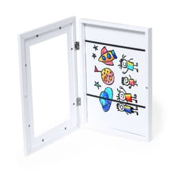 A white picture frame with an open front, featuring colourful drawings of rockets, planets, and stick figures inside.