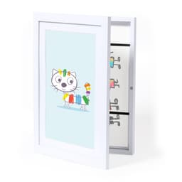 A white picture frame with a playful illustration of a cat, featuring bright colours and a simple design.
