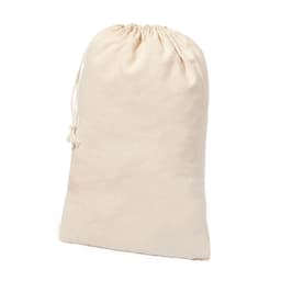 A drawstring bag in a natural cream colour, made of fabric with a simple, unmarked design.