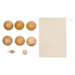 A set of wooden balls in various sizes, accompanied by a small cone and a fabric pouch.