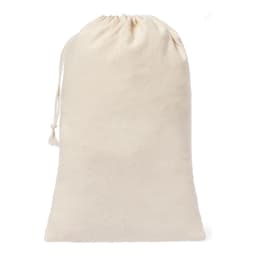 A natural cotton drawstring bag in a light beige colour with a simple design and cinching closure.