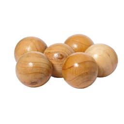 A set of six wooden balls in light brown tones with a smooth finish, arranged closely together.