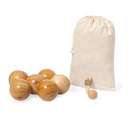 A set of wooden balls in varying sizes, accompanied by a cotton drawstring bag and a small wooden peg.