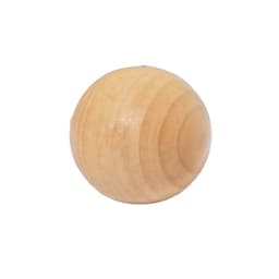 A wooden ball with a light, natural finish and visible grain patterns. It has a smooth surface and rounded shape.