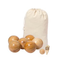 A set of wooden balls in various sizes, packaged in a cotton drawstring bag, with a wooden and twine marker.