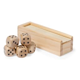 A wooden box contains five dice, featuring black dots, arranged beside it. The box is light-coloured and simple in design.