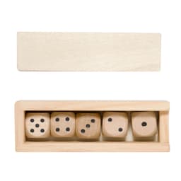 A wooden box containing five dice, featuring various black dot patterns on a light wooden base.
