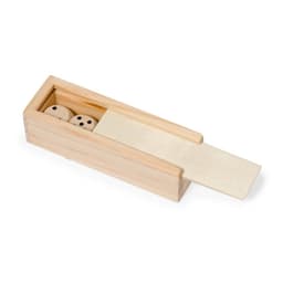 A wooden box containing two dice and a blank score sheet, featuring a light, natural wood finish.