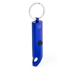 A blue keyring torch featuring a metallic keyring attachment and a black button for operation.