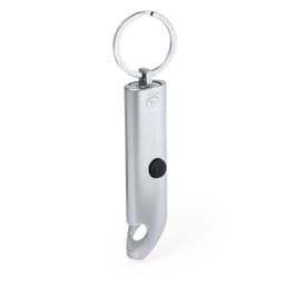 A silver keyring torch with a button and a keychain ring for attachment. It has a sleek, streamlined design.