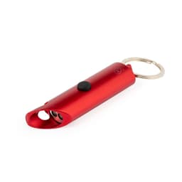 A red keyring torch with a simple button and a keychain attachment. It features a sleek, elongated design.